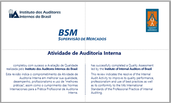 Imagem de certificação de auditoria BSM que atesta conformidade do departamento segundo os padrões internacionais do Instituto do Auditores Internos do Brasil.